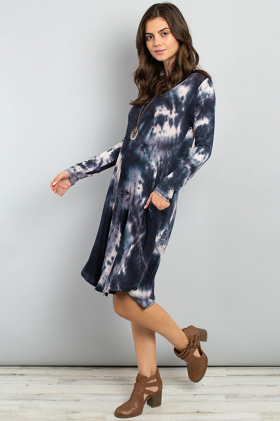 Thumbnail: Tie Dye V-Neck Rounded Hem Midi Dress in 2 colors