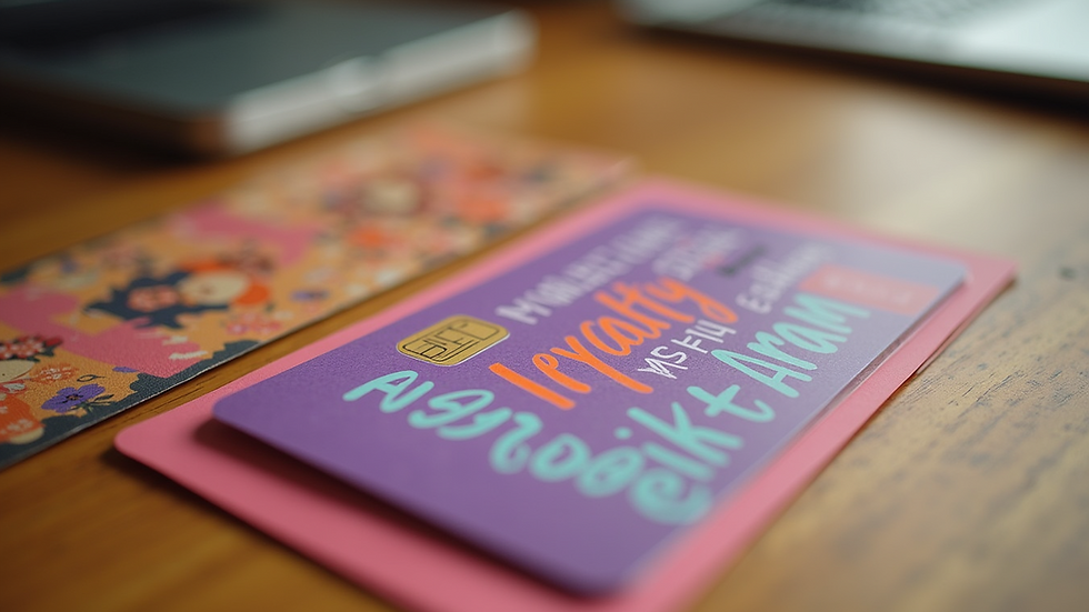 Eye-level view of a colorful loyalty card on a wooden table