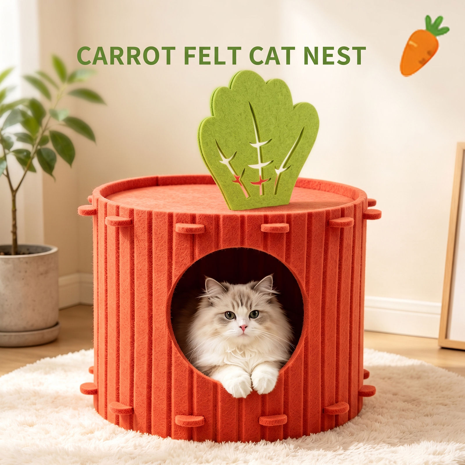 Cat House for Indoor Cats, Pet Cat Nest Felt Cat Carrot Shaped Cave, Semi-enclos