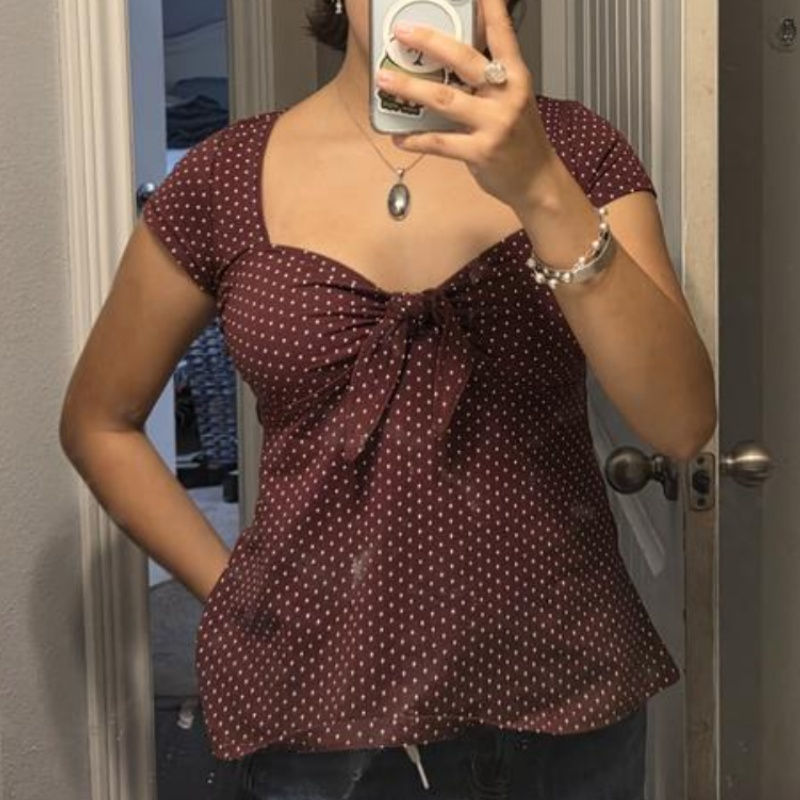 Thumbnail: Women Fairy Grunge Coquette Shirts Y2K Polka Dot Puff Short Sleeve Babydoll Tops