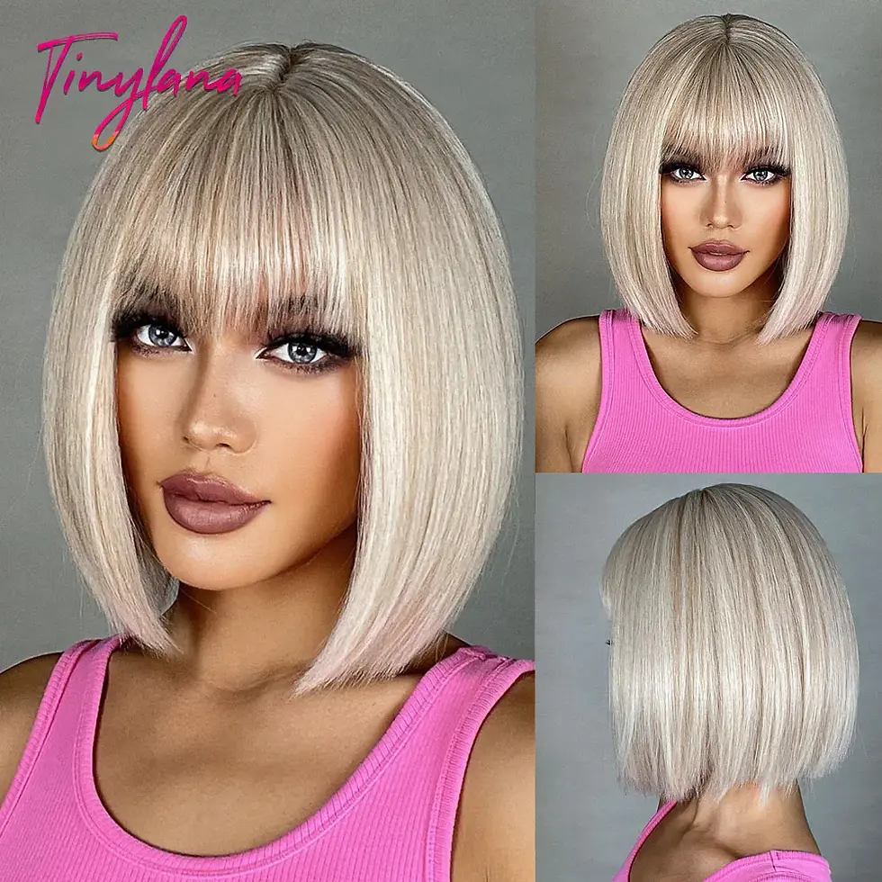 Thumbnail: Orange Short Bob Straight Synthetic Wigs With Bangs Heat Resistant Wig