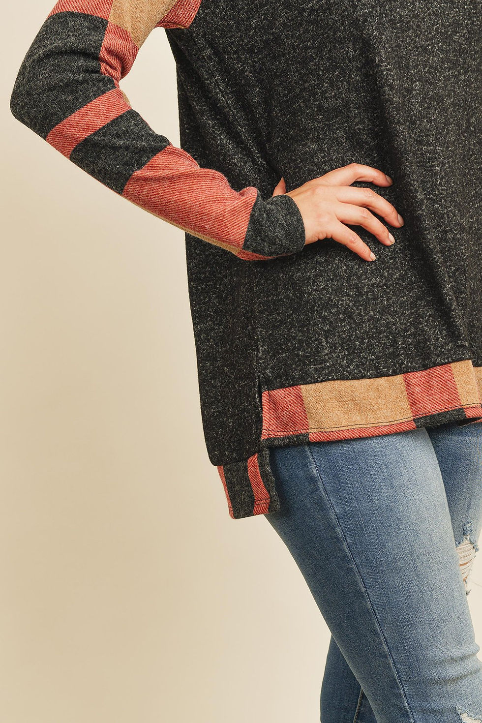 Thumbnail: Brush Hacci Plaid Contrast Long Back Hem Top