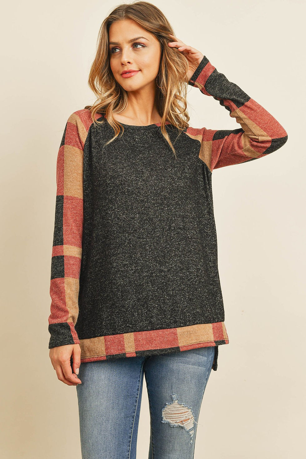 Thumbnail: Brush Hacci Plaid Contrast Long Back Hem Top