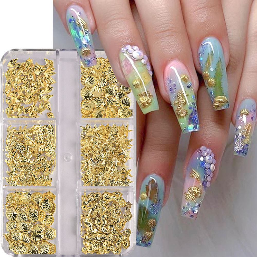 6 Grids Metal Summer Ocean Nail Art Charms 3D Shell Starfish Seahorse Caviar Bea
