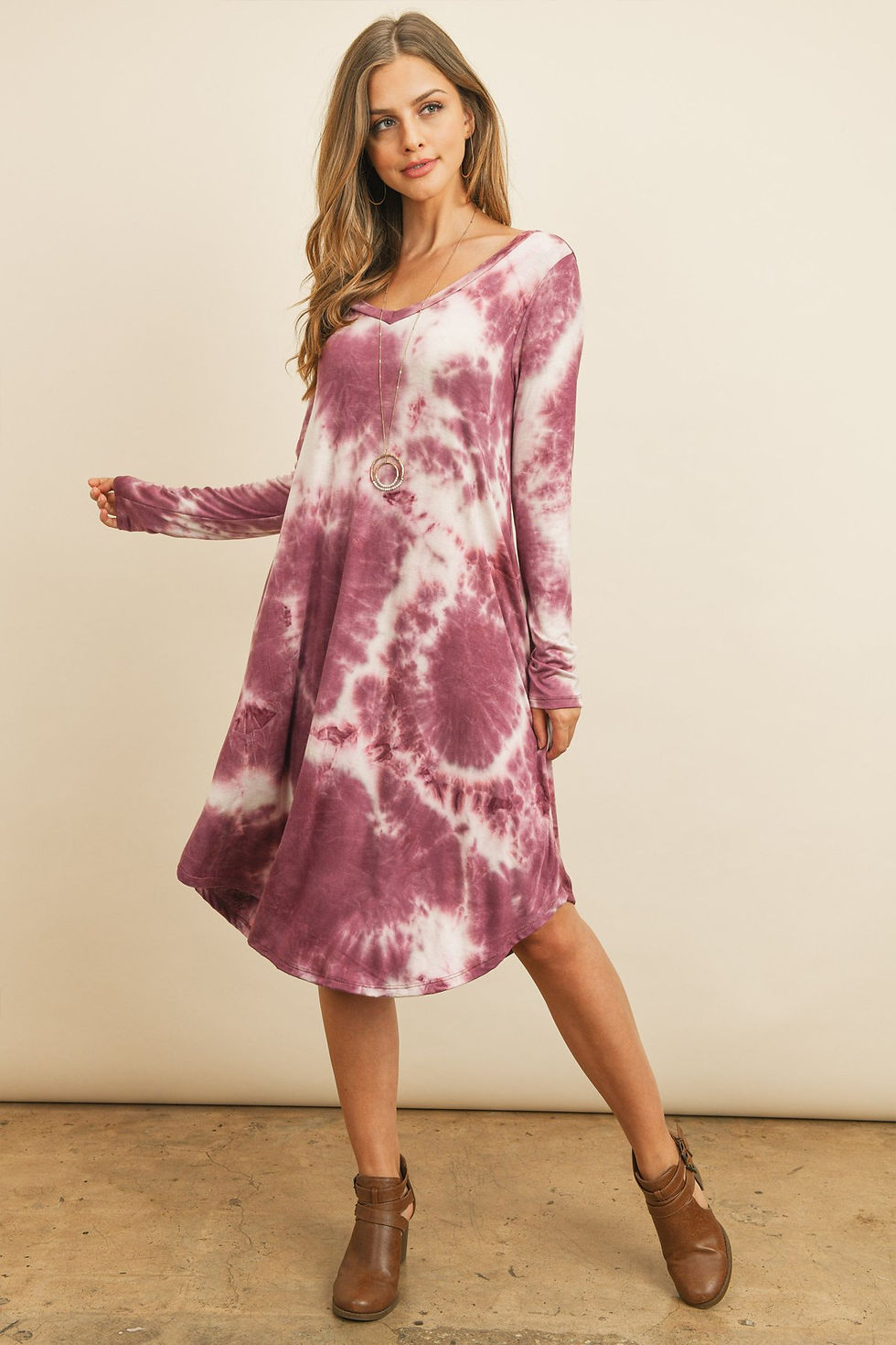 Thumbnail: Tie Dye V-Neck Rounded Hem Midi Dress in 2 colors