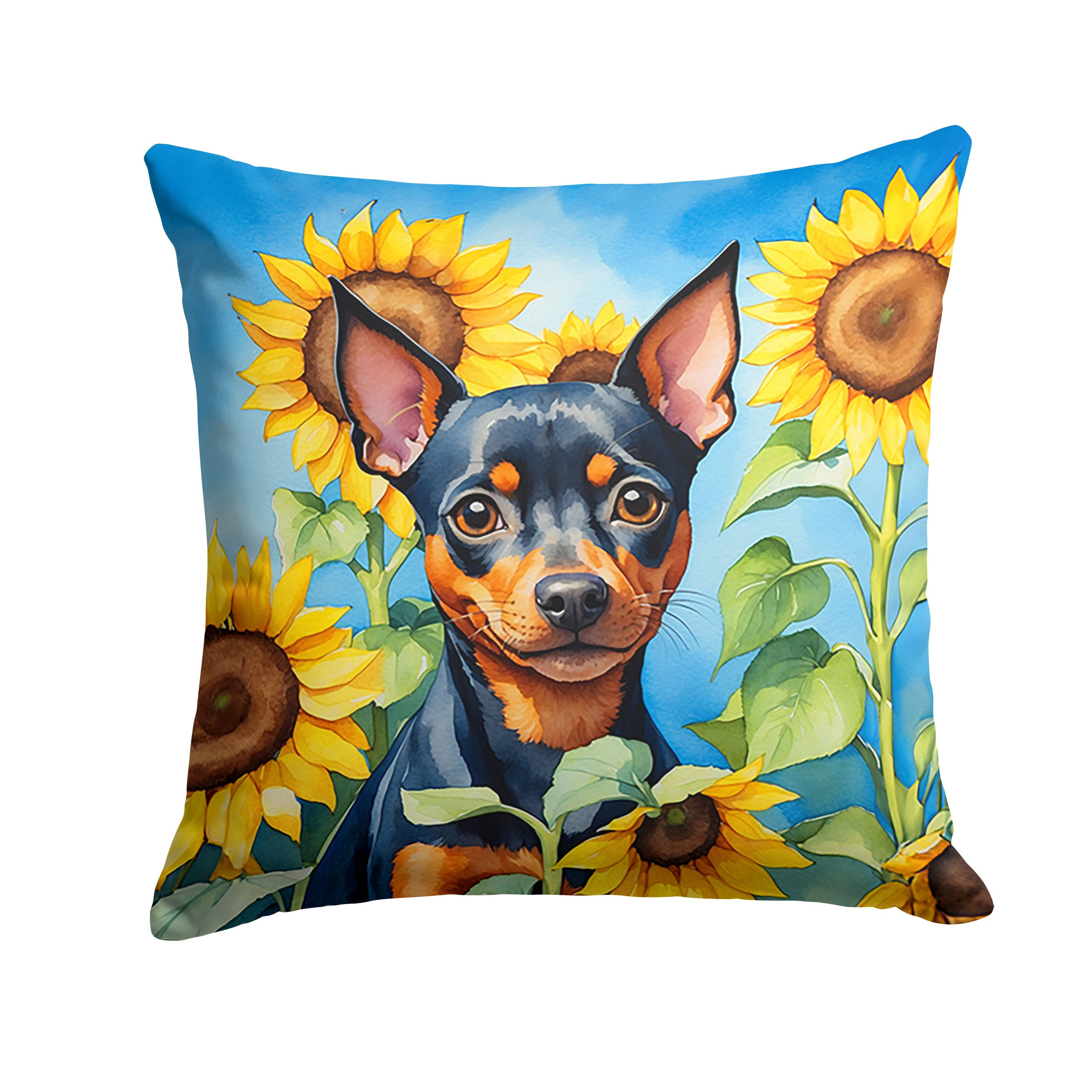 Miniature Pinscher in Sunflowers Throw Pillow