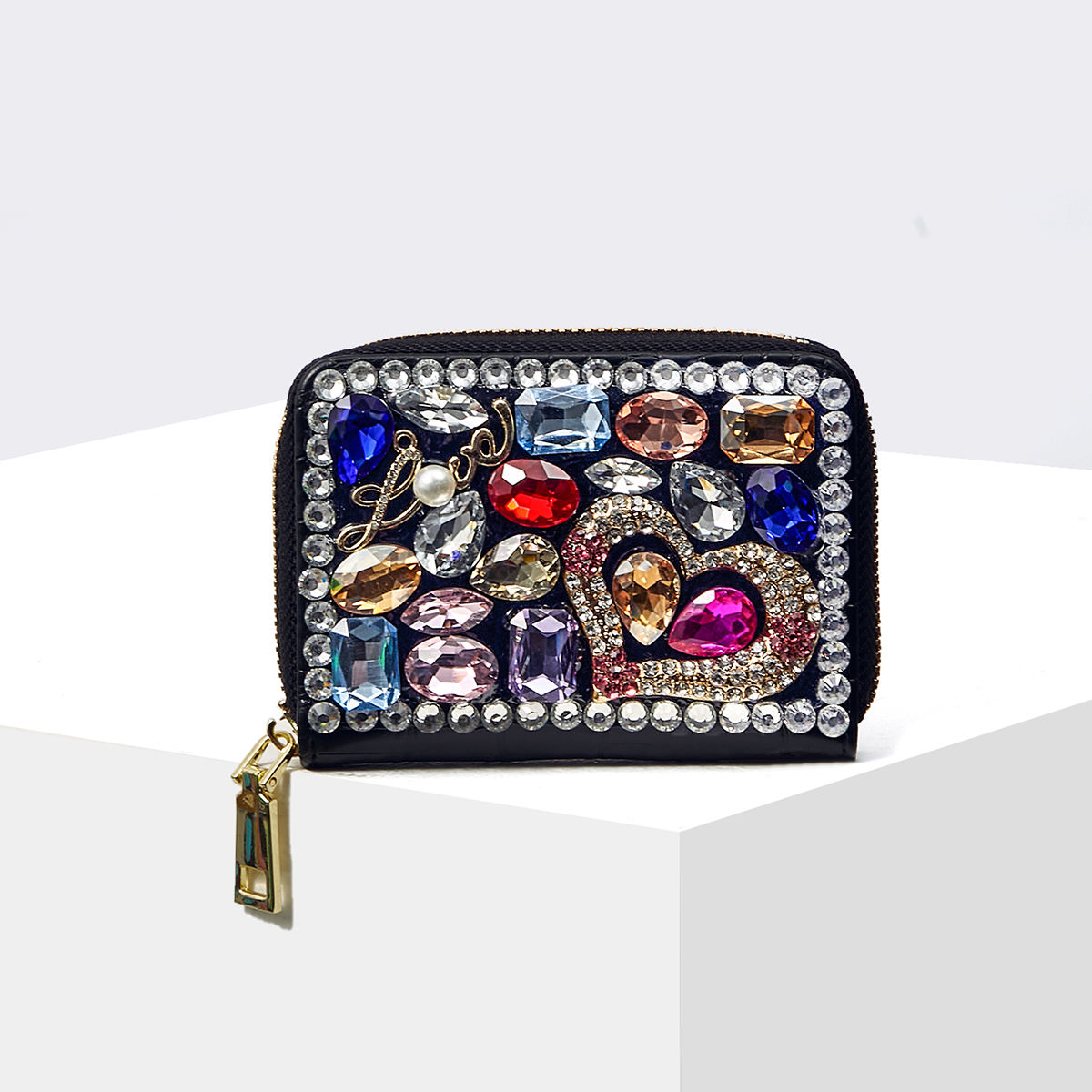 Luxury Heart Shape Women's Short Wallet Card Case Designer Colorful Rhinestone C