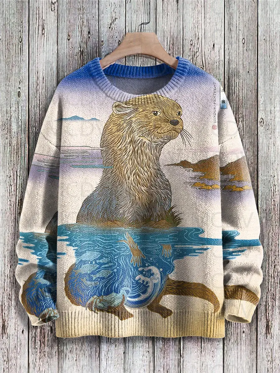 Thumbnail: Retro Japanese Style Painting Cat Art Casual Print Knit Pullover Sweater Women F