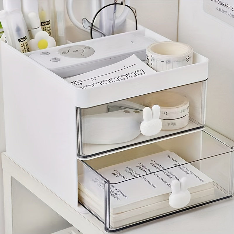 Thumbnail: 1pc Transparent Drawer Rabbit Handle Storage Box, Desk Office Stationery, Cosmet