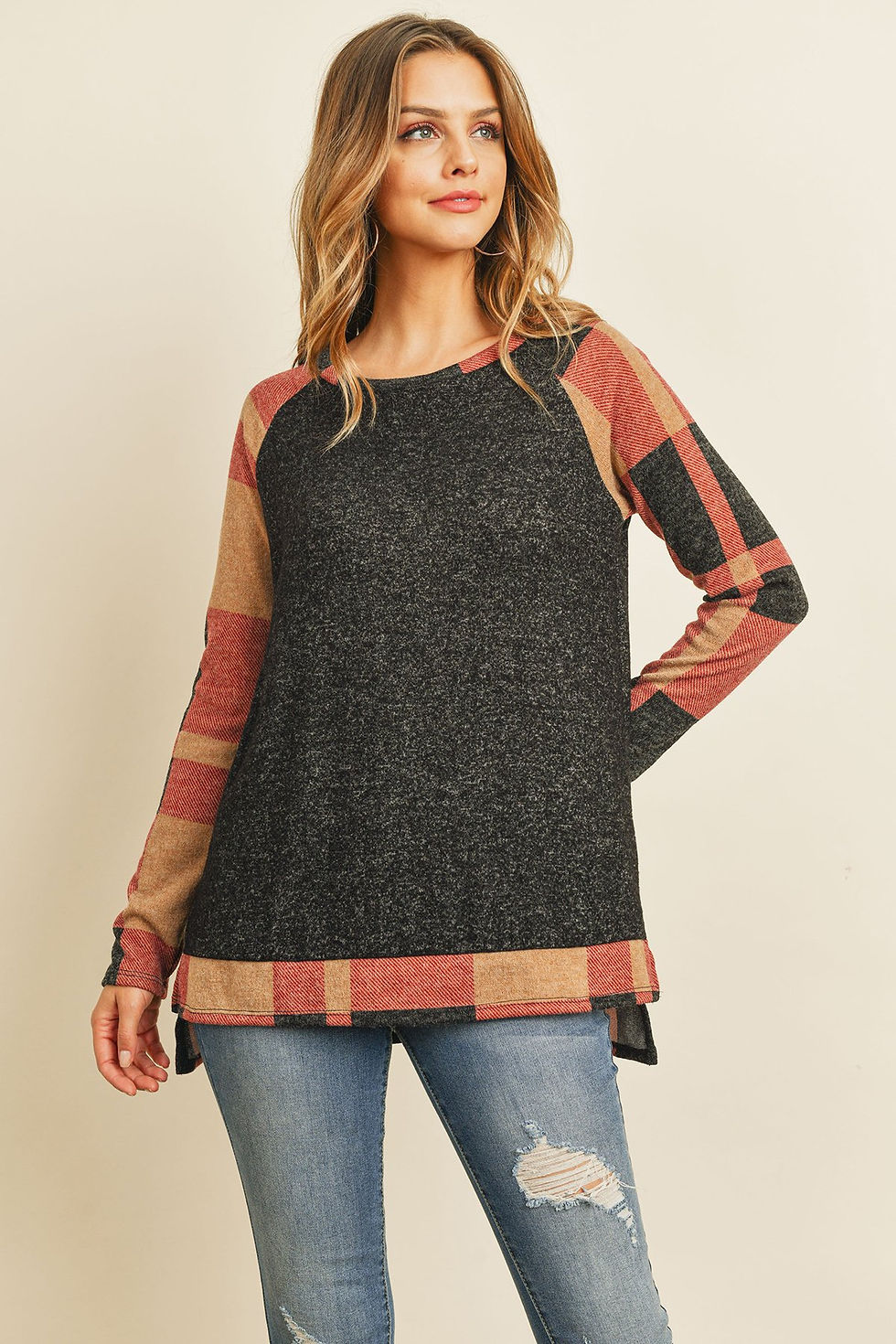 Thumbnail: Brush Hacci Plaid Contrast Long Back Hem Top