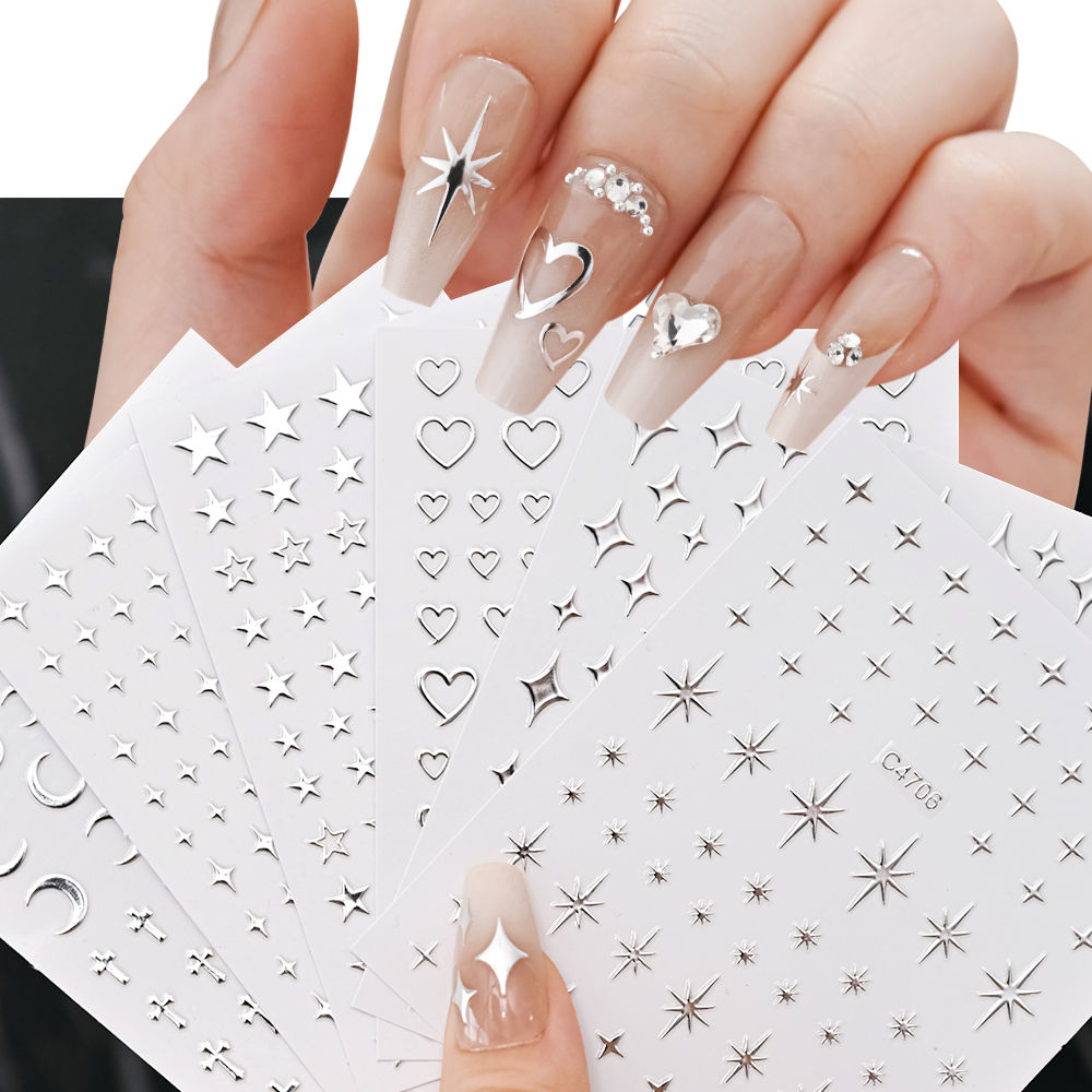6 Sheets Metal Silver Nail Stickers Metallic 3D Star Nail Art Stickers Decals Se