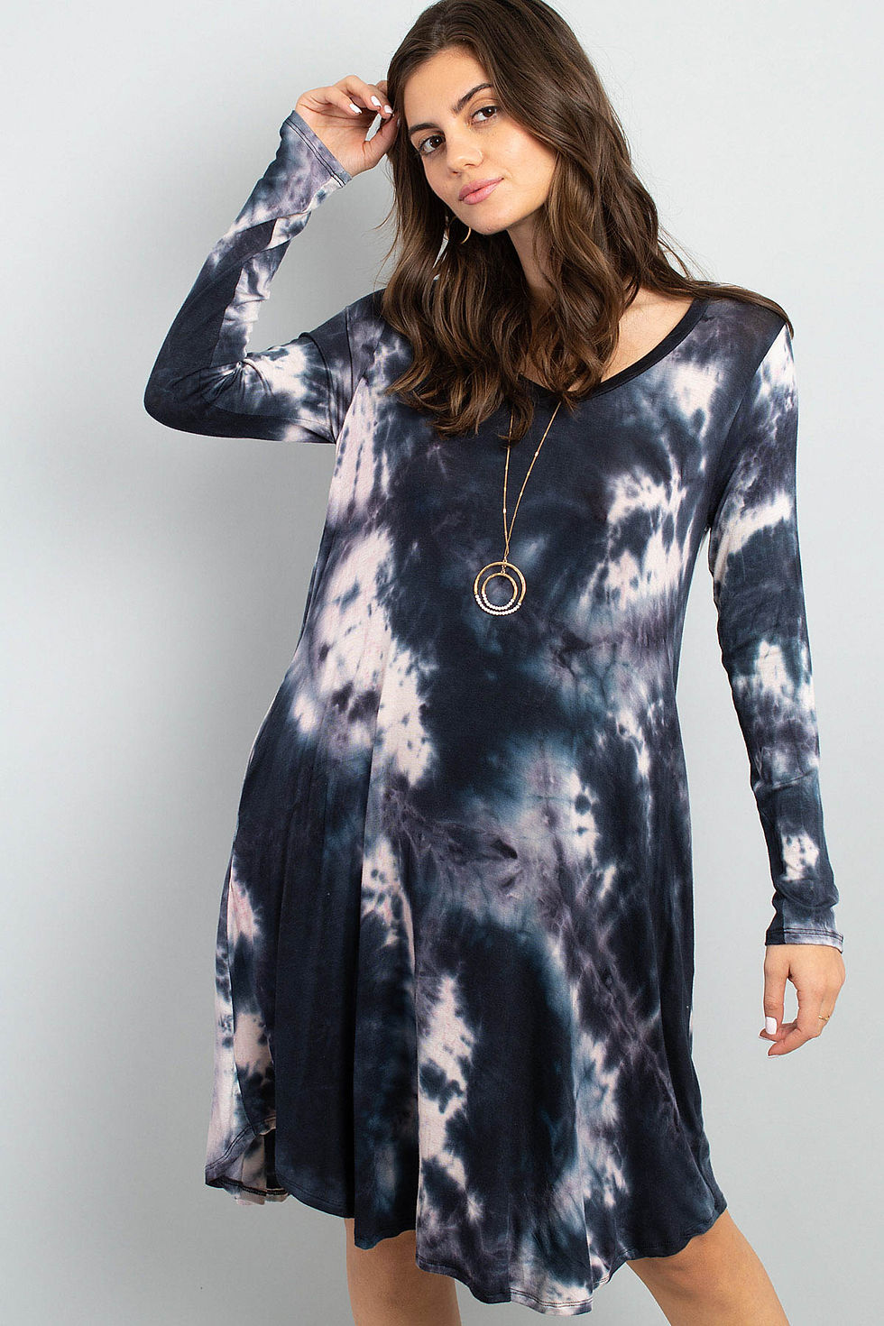 Thumbnail: Tie Dye V-Neck Rounded Hem Midi Dress in 2 colors