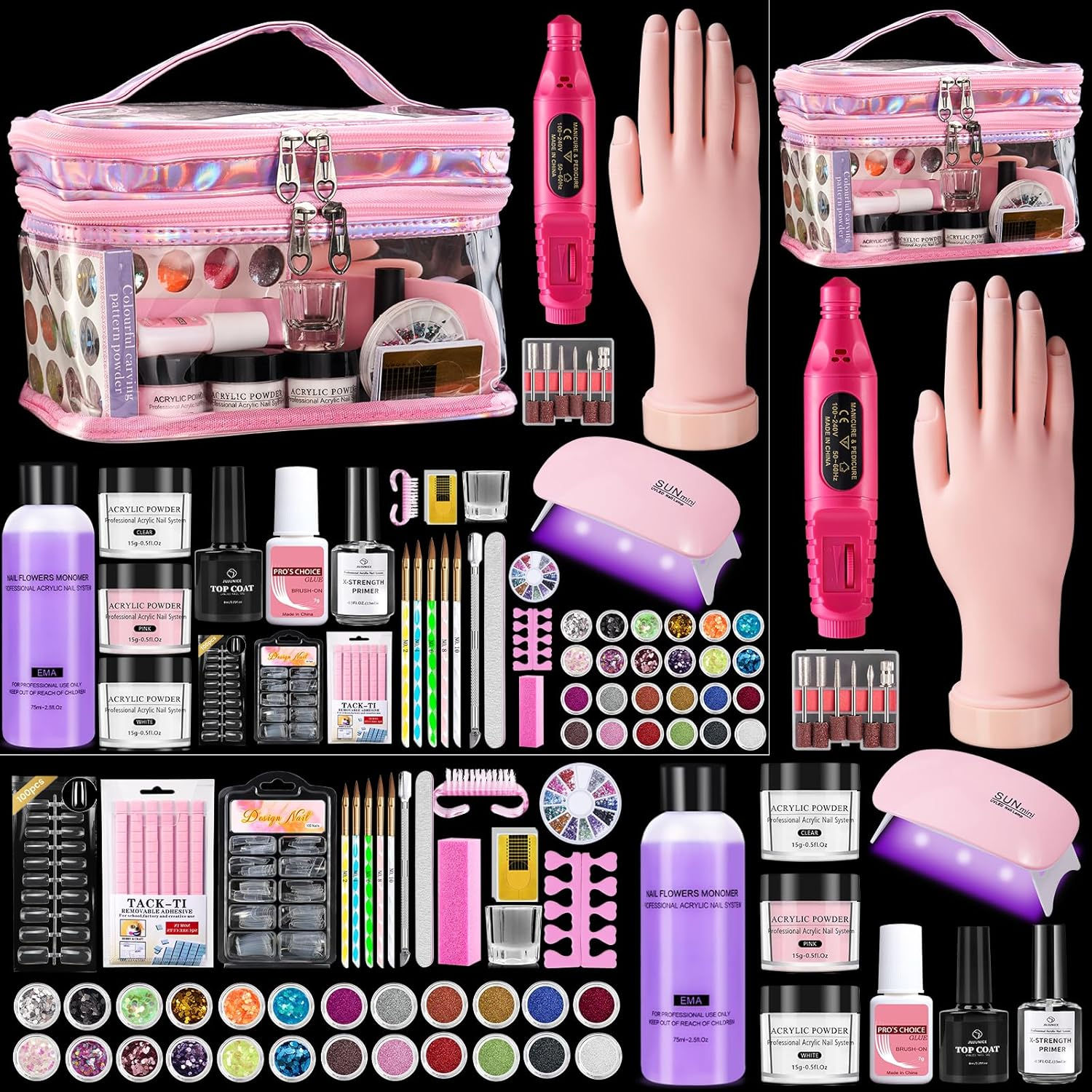 Beginners Nail Kit, Practice Hand, Drill, U V Light, in Pink tote w Everything: