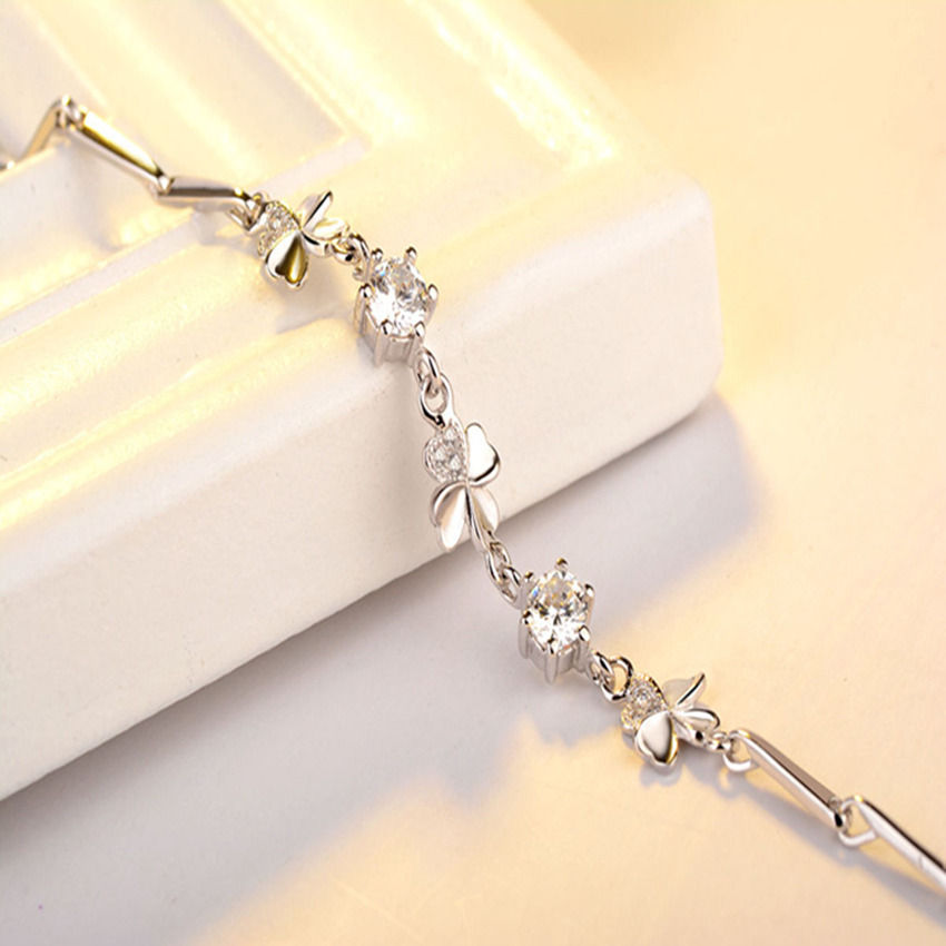 Thumbnail: 925 Sterling Silver Zircon Lucky Clover Shaped Bracelet Crystals Chain for Women