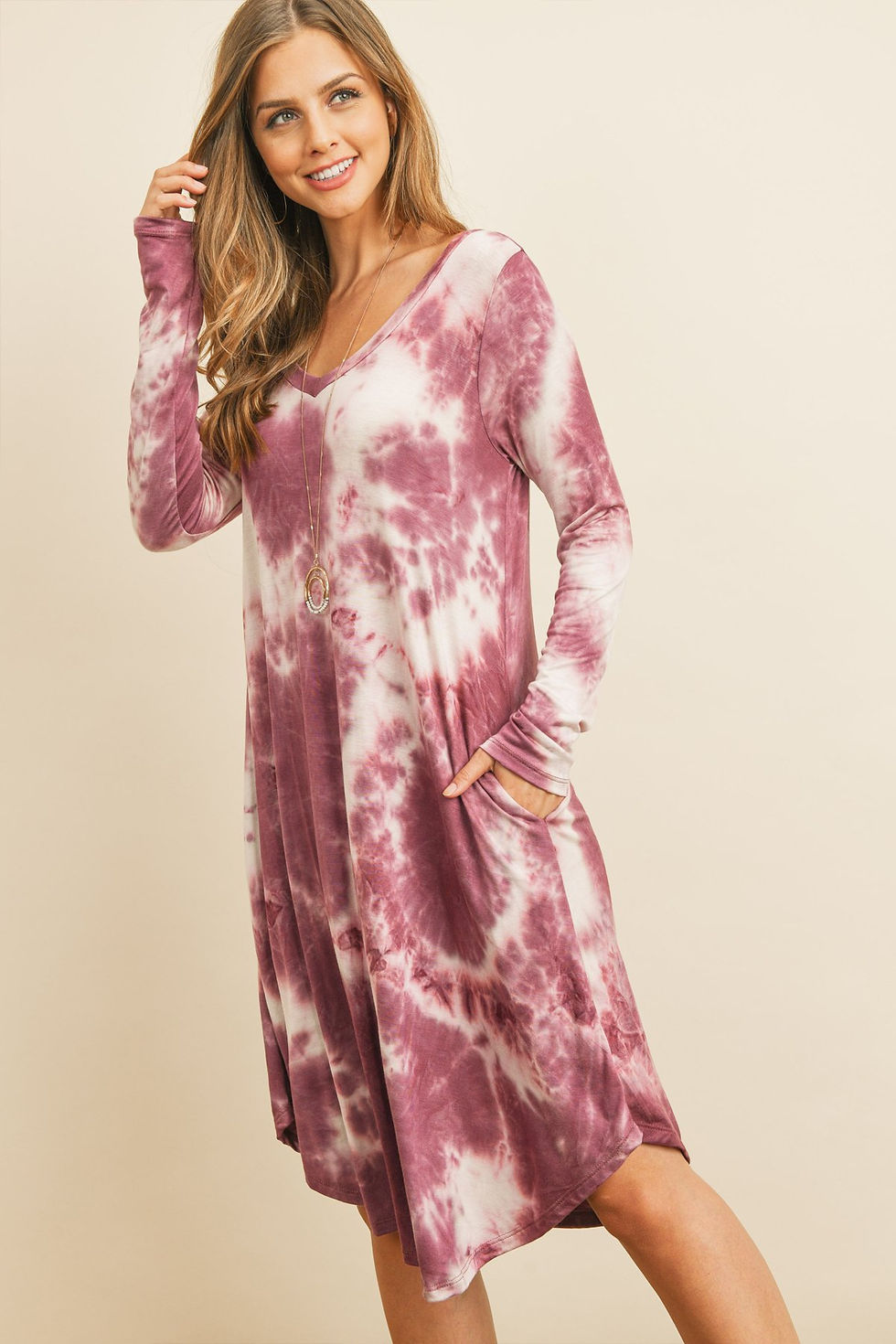 Thumbnail: Tie Dye V-Neck Rounded Hem Midi Dress in 2 colors