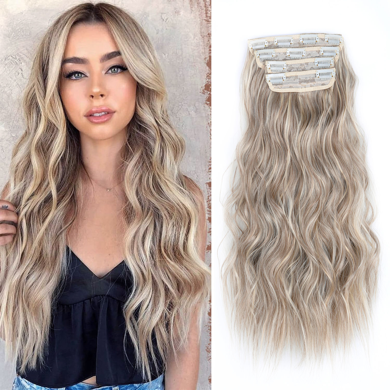 linwan Clip In Hair Extensions 4 PCS Full Head 20 Inch Long Curly Wavy Synthetic