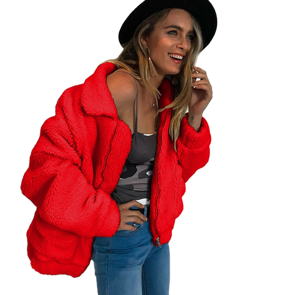 Lamb Wool Teddy Faux Fur Winter Coat Warm Plush Jacket Women Fall Outerwear