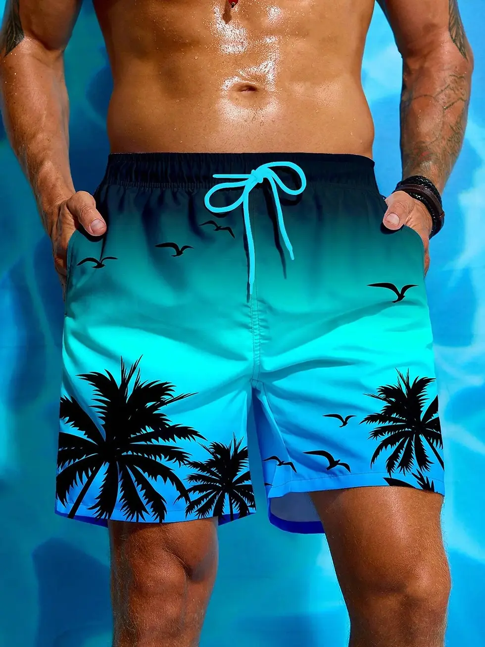 Thumbnail: Summer Vacation Men's Palm Tree Print Drawstring Waist