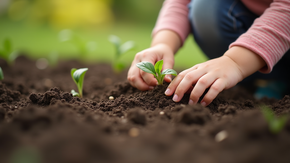 Close-up view of a child’s hands planting seeds in a garden bed