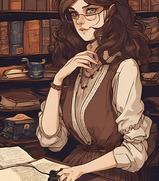 A vintage woman wearing glasses sitting in a library with a shelf of books behind her.