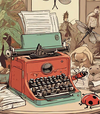 A vintage typewriter surrounded by a dragonfly and lady bugs.