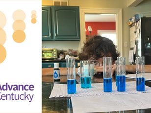 Photo of Emerson Farrar conducting a science experiment, next to the AdvanceKentucky logo.