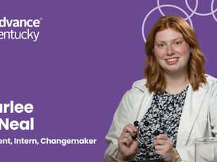 Photo of Carlee O'Neal on a purple background, next to AdvanceKentucky's logo and the text "student, intern, change maker"
