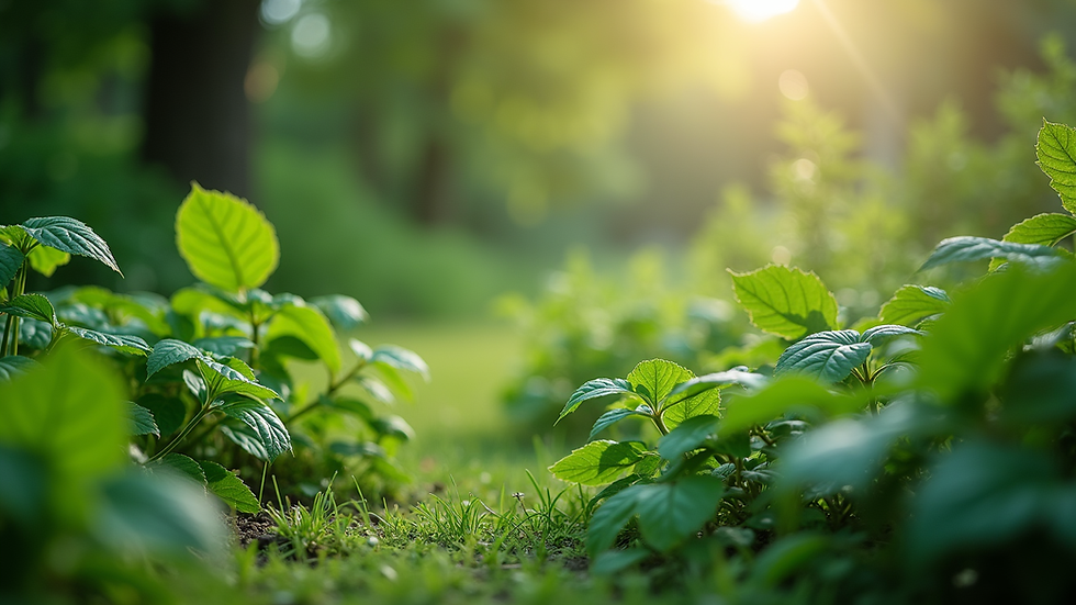 Eye-level view of a lush green garden with various plants