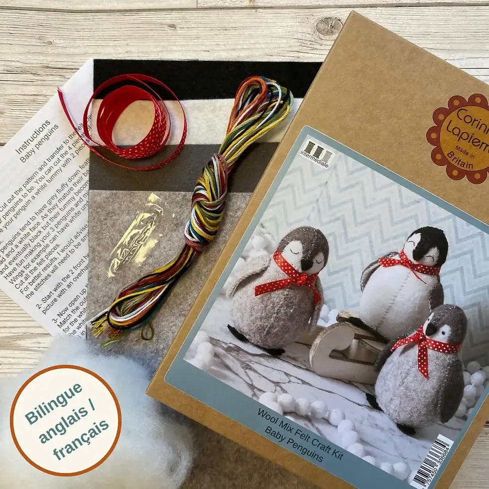 contenu du kit  en en feutre  de laine "Bébés pingouins" corinne lapierre