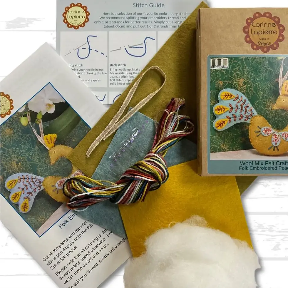 Miniature : contenu kit créatif feutre de laine "paon folk" par corinne lapierre