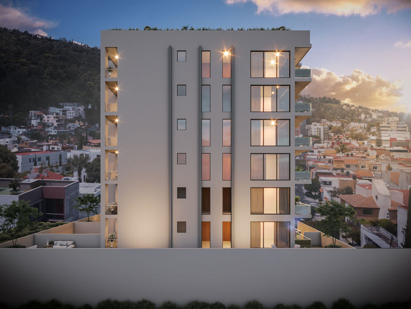 Vista este del desarrollo Torre Nubes que muestra su diseño contemporáneo, ventanales amplios y la relación del proyecto con el entorno urbano de Morelia.