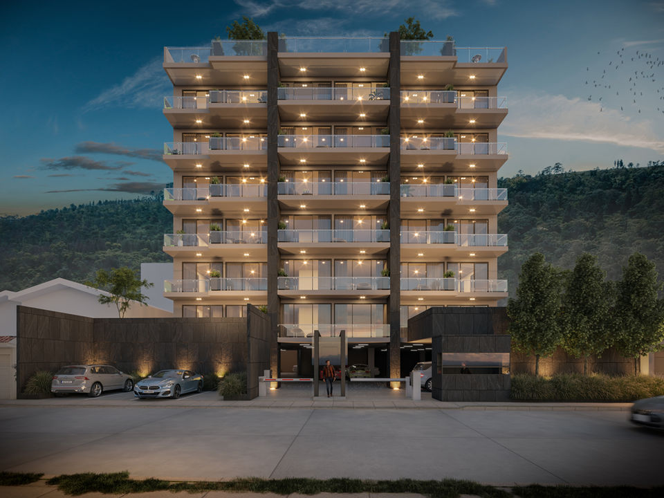 Fachada principal del desarrollo Torre Nubes, un proyecto residencial de departamentos en preventa ubicado en Morelia, con diseño contemporáneo y balcones amplios.