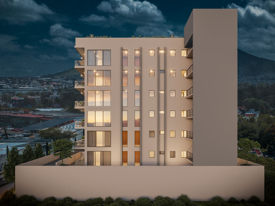 Vista oeste del desarrollo Torre Nubes, donde se aprecia su arquitectura contemporánea, ventanales amplios y la integración del proyecto con el entorno urbano de Morelia.