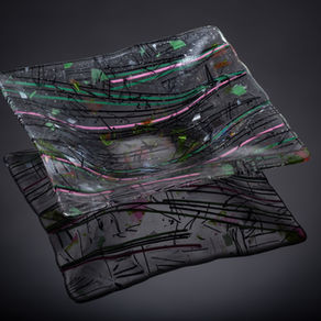 Hand made, fused clear, green and pink glass square bowl,  for sale. Unique artisan object, Oakland CA