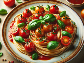 Lezzetli domates soslu spagetti tarifi! Kolayca hazırlayın, üzerine çeri domates ve fesleğen yaprakları ekleyin. Akşam yemeğiniz hazır!