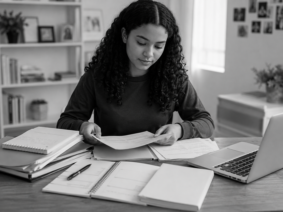 Young woman studies papers at a desk with laptop and notebooks in a bright home office, focused and calm.