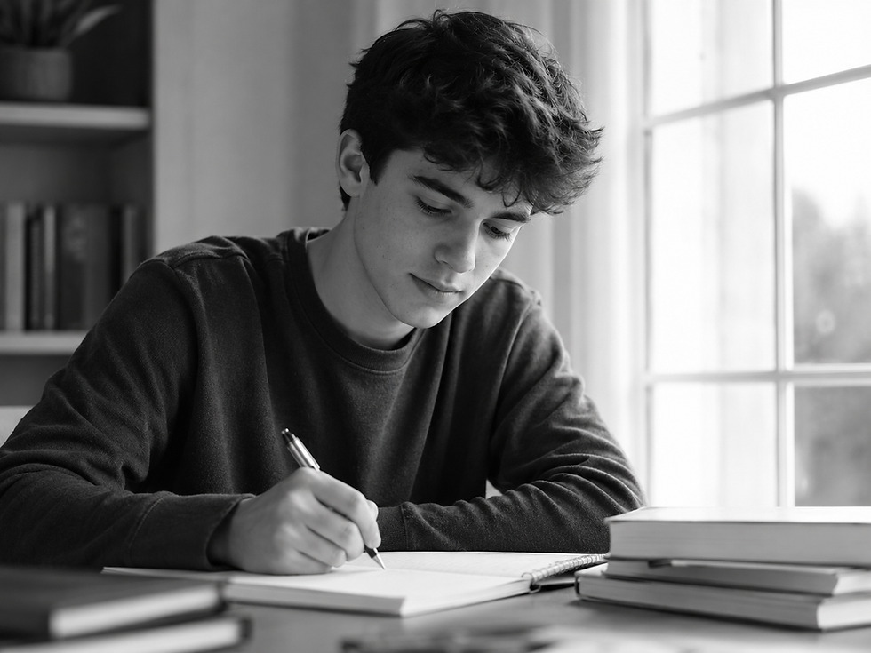 Young man writes in a notebook at a desk beside stacked books, by a bright window, in a calm black-and-white study scene.