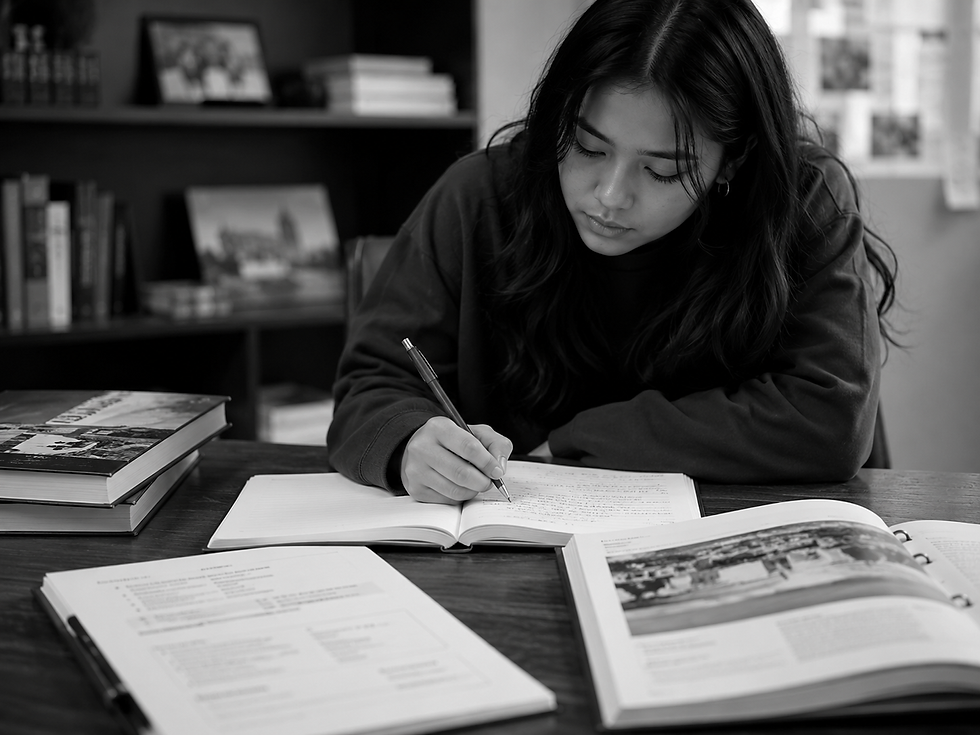 Black-and-white photo of a young woman writing in a notebook at a desk, surrounded by open books in a quiet study room.