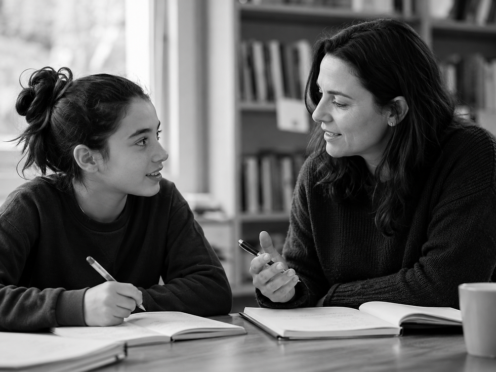 Woman and girl talk over notebooks at a table in a cozy library, smiling and writing with pens.
