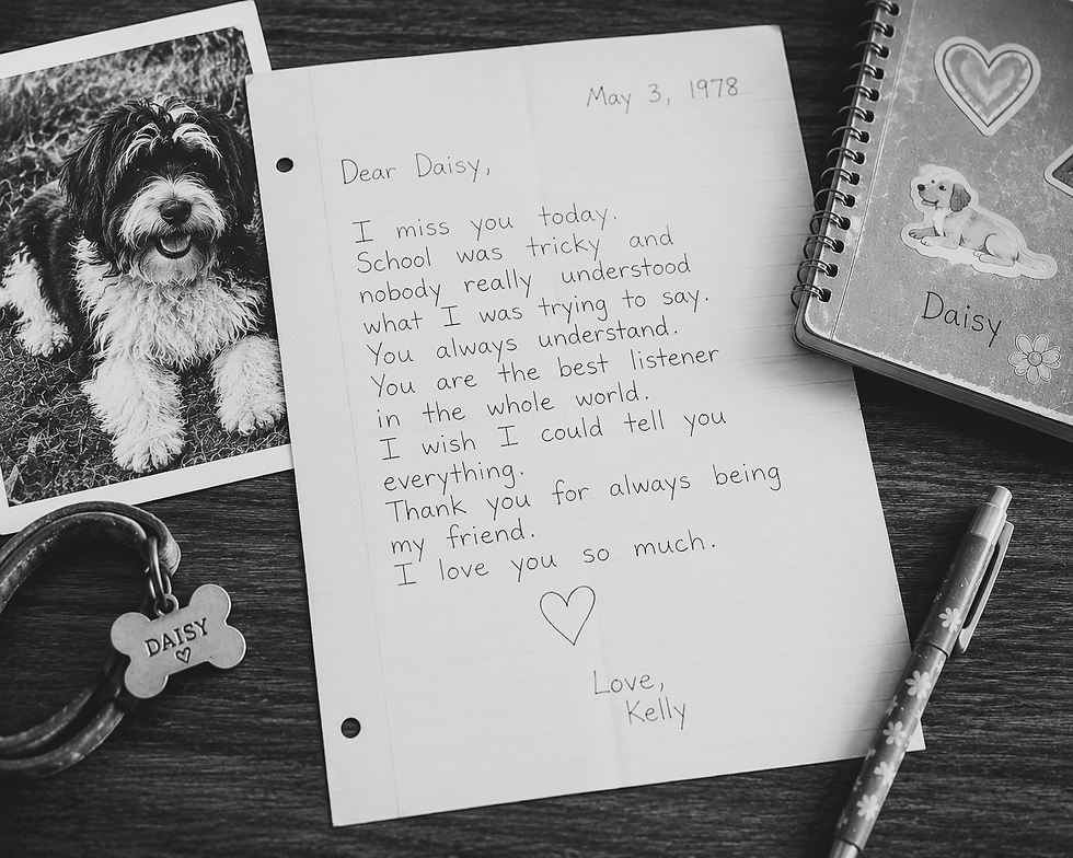 Childhood-style handwritten letter to a beloved dog named Daisy surrounded by journal pages and keepsakes.