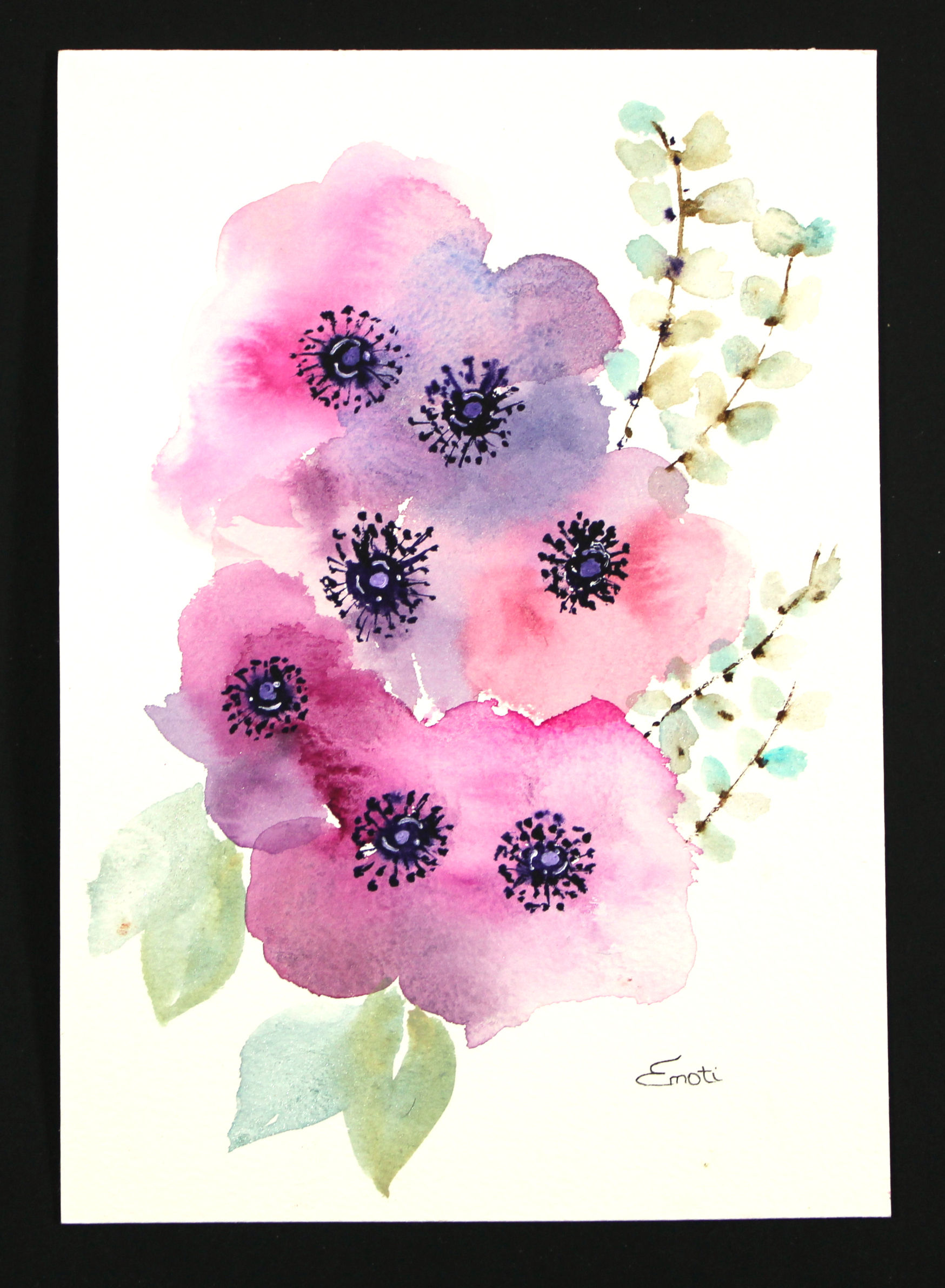 Aquarelle Originale - Fondue d'anémones roses