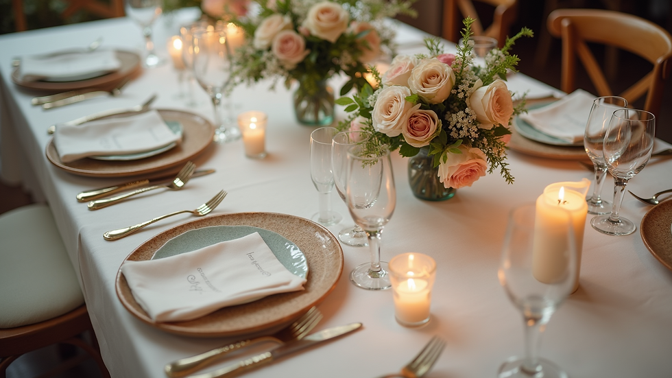 High angle view of a beautifully decorated wedding table setting