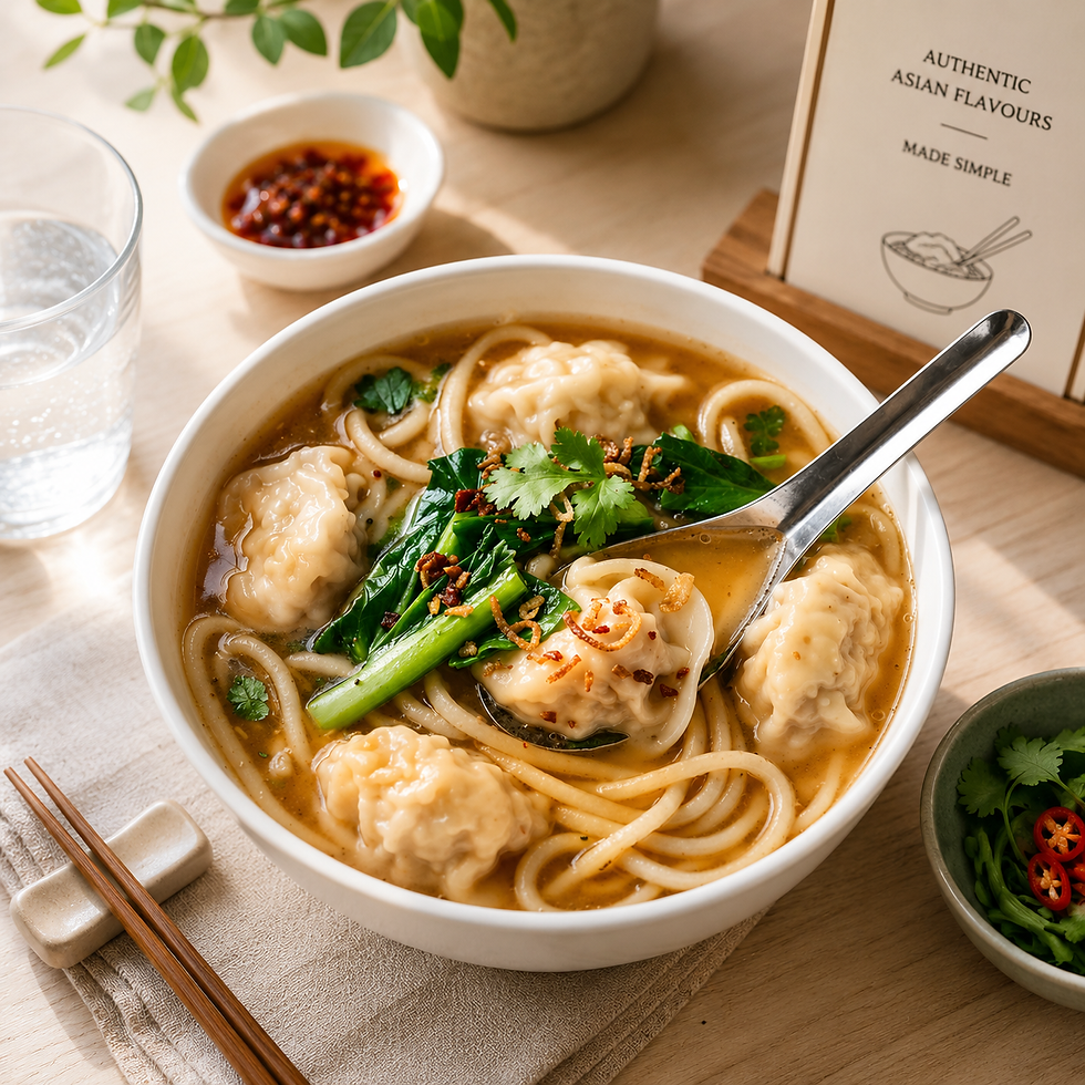 Bowl of noodle soup with dumplings, greens and chopsticks on a table; sign reads AUTHENTIC ASIAN FLAVOURS MADE SIMPLE.