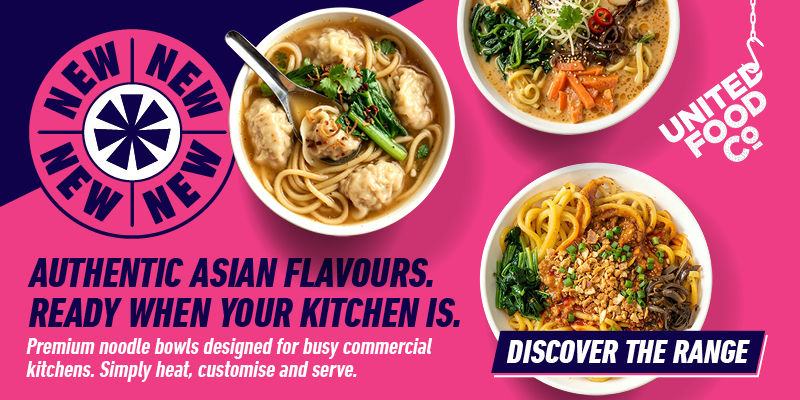 Pink ad for United Food Co. with three Asian noodle bowls and text: NEW NEW NEW, Authentic Asian flavours, Discover the range.