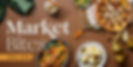 Various dishes like pizza and salad on a brown table with pears and kale. Text reads "Market Bites April 2026" in elegant font.