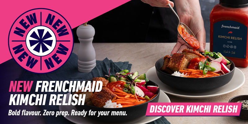 Ad for Frenchmaid Kimchi Relish: hands spoon bright red relish onto rice bowls with vegetables; pink NEW badge and Discover Kimchi Relish text