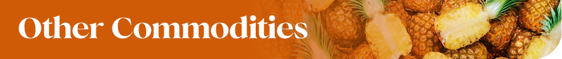 Title "Other Commodities" on orange background with images of pineapples on the right. Bright and vibrant composition.