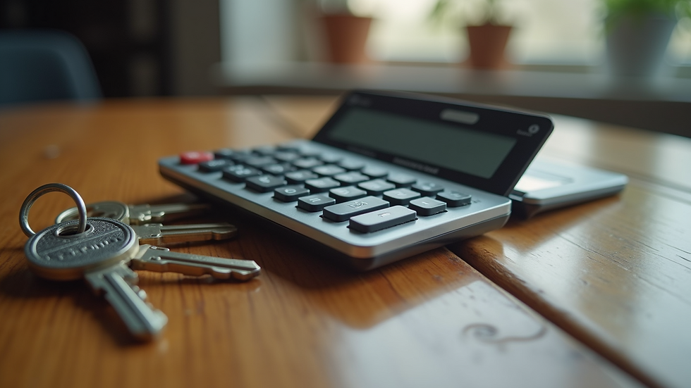 Close-up view of a calculator and house keys on a wooden table