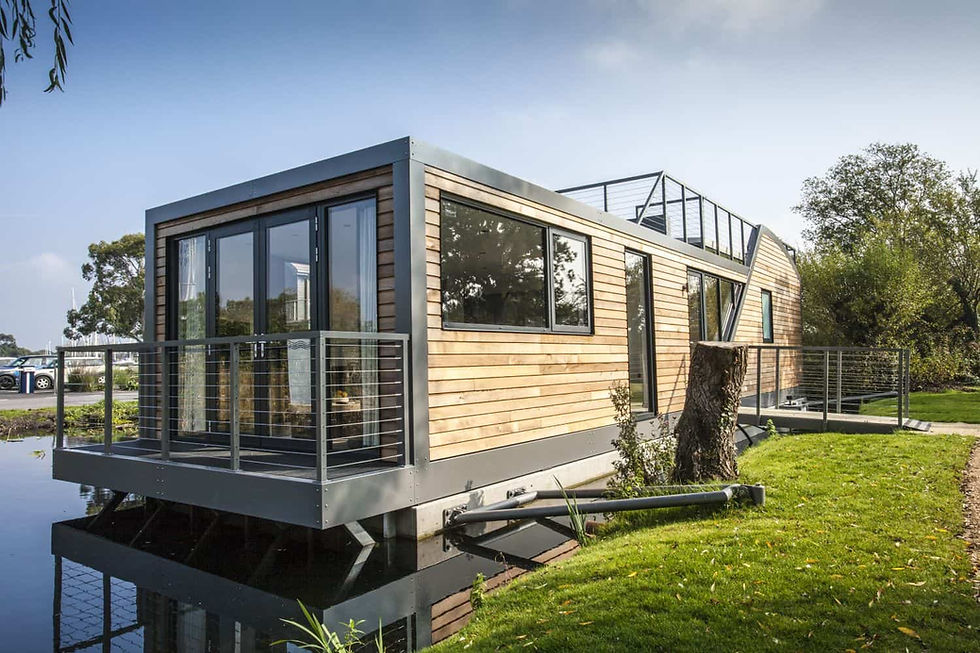 “Luxury houseboat moored along the tranquil waters of Russell Lakes”