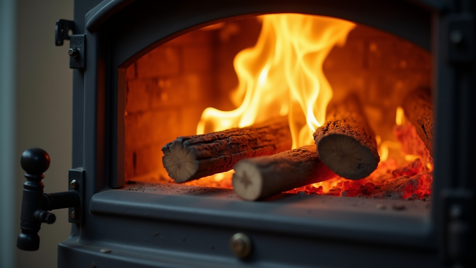 Close-up view of a glowing wood-burning stove with flames dancing